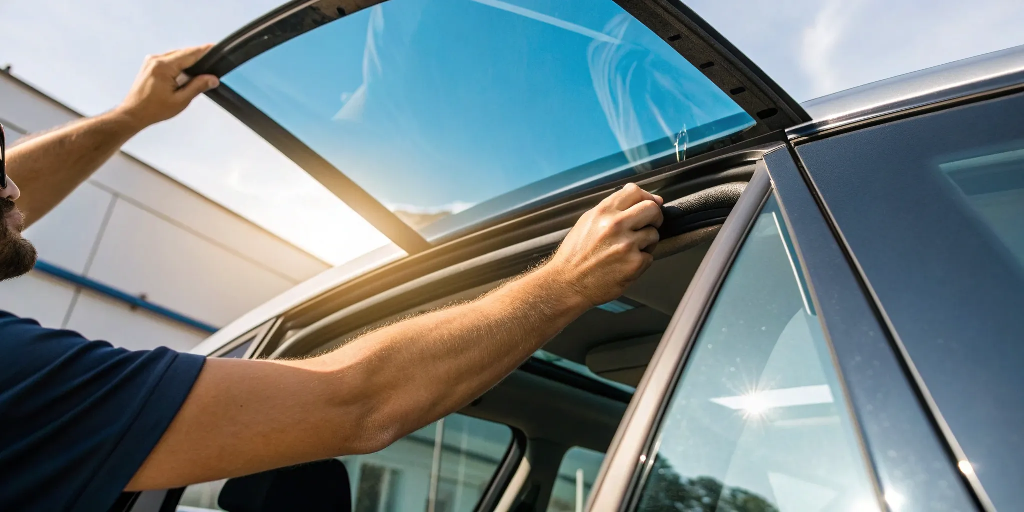 Car window glass replacement by auto glass technician.