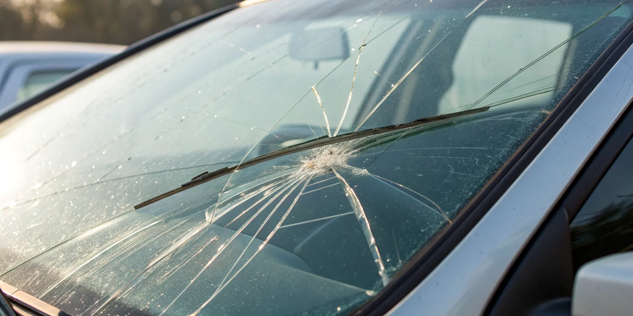 Cracked car windshield.