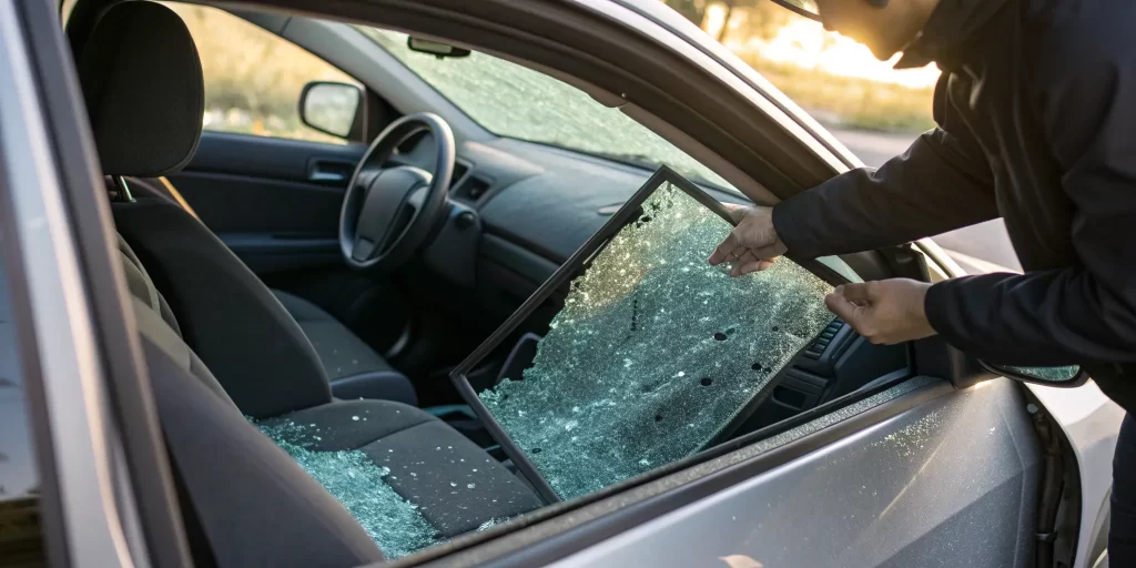 Removing shattered car window glass.