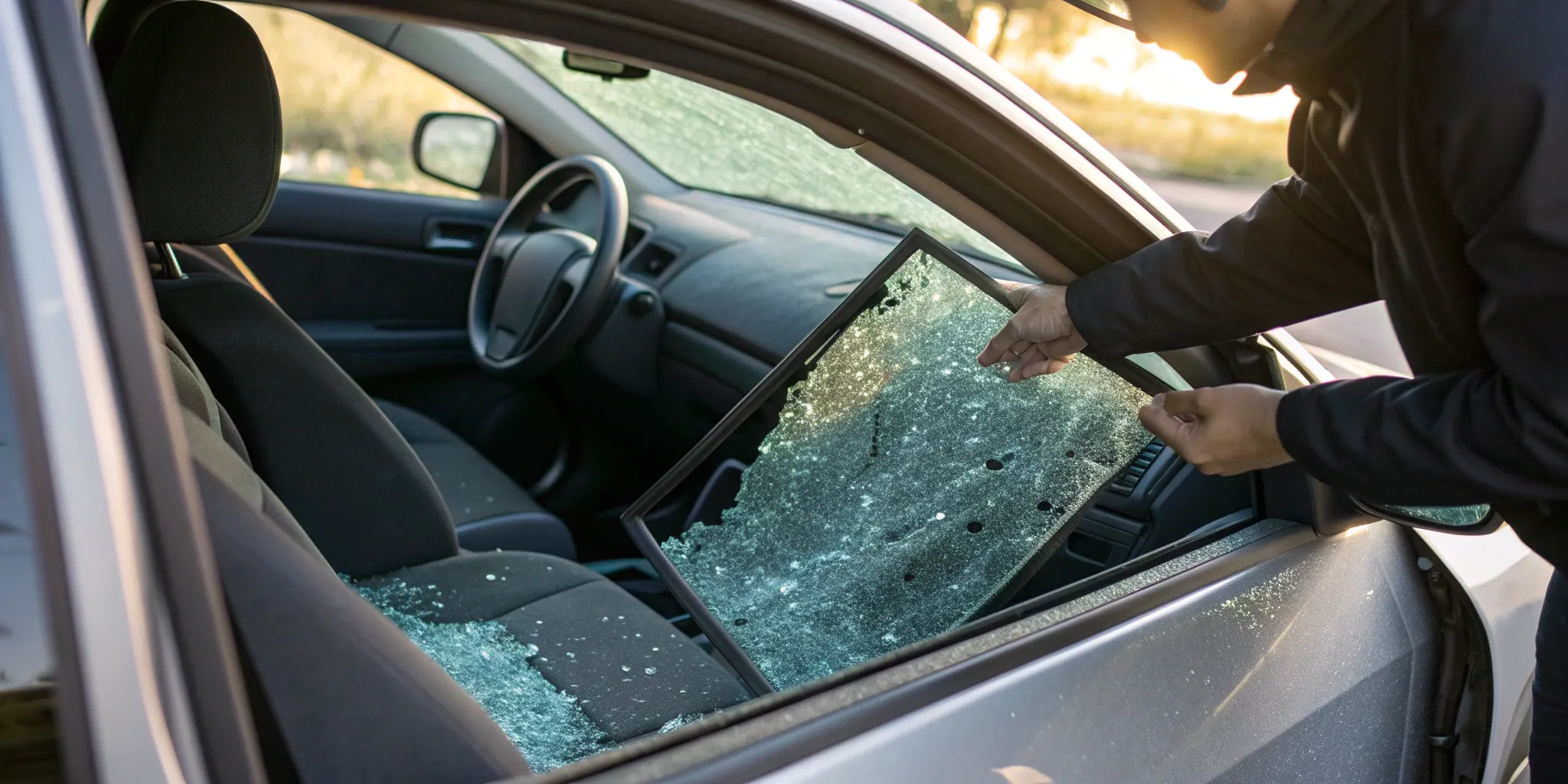 Removing shattered car window glass.