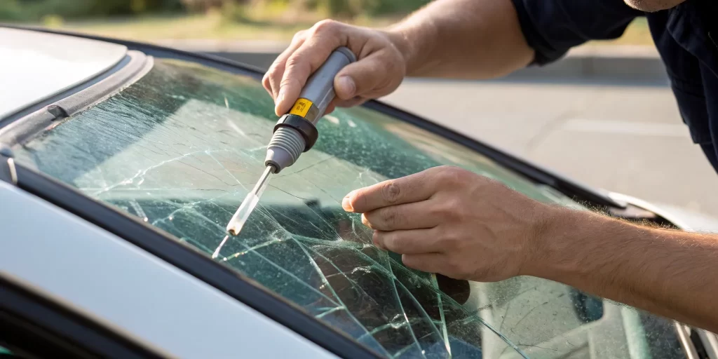 Repairing a cracked car windshield with a DIY repair tool.