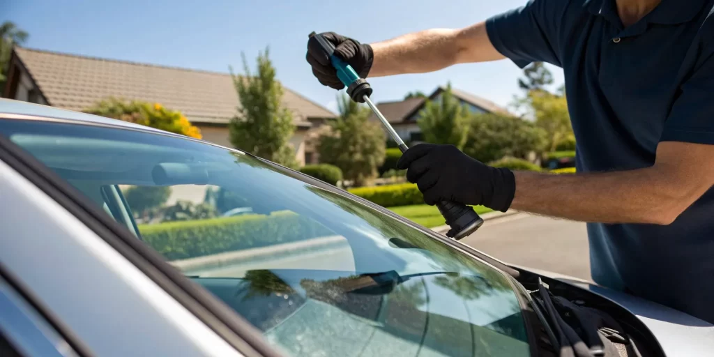 Technician repairs car windshield.