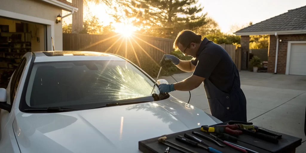 Technician replacing a car's windshield.