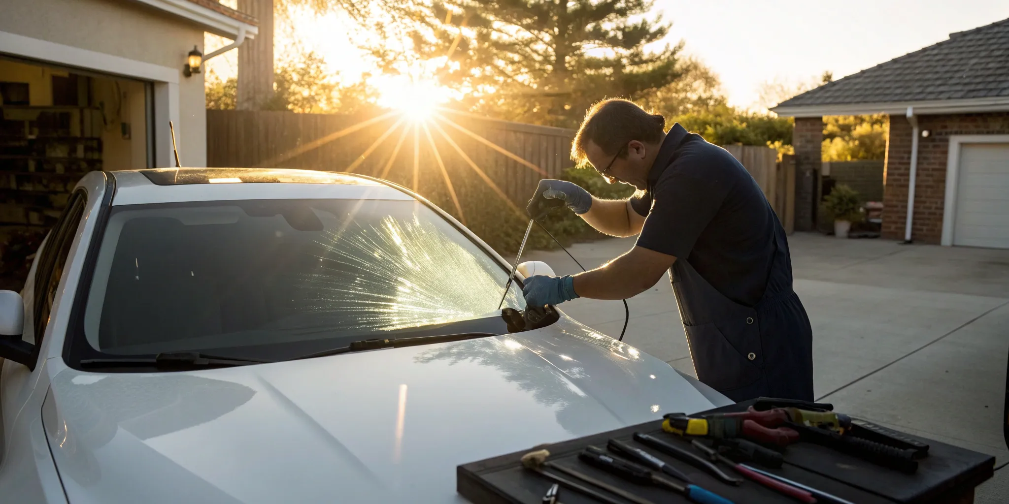Technician replacing a car's windshield.