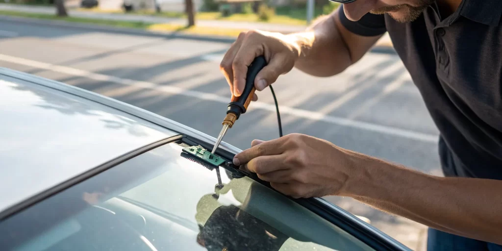 Windshield chip repair using a specialized tool.