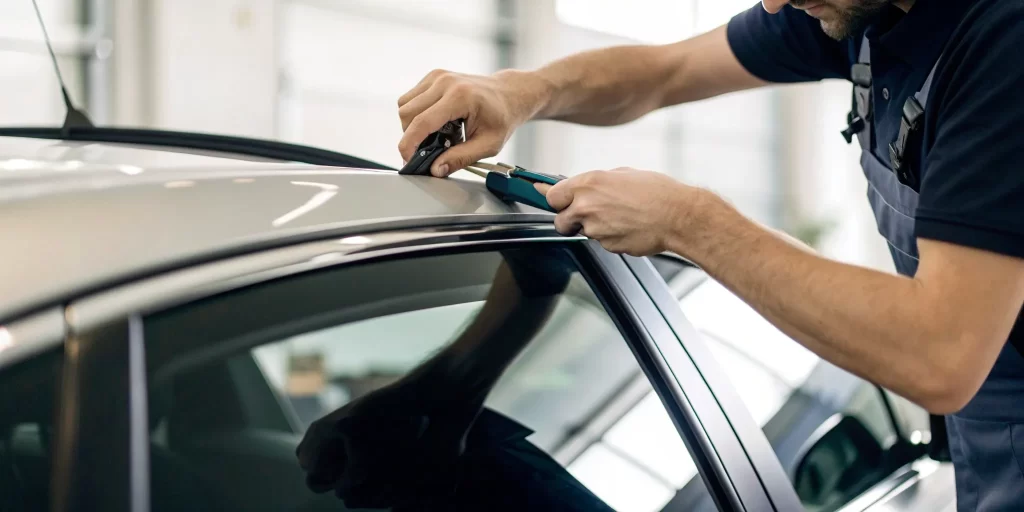 Car back glass replacement in progress.