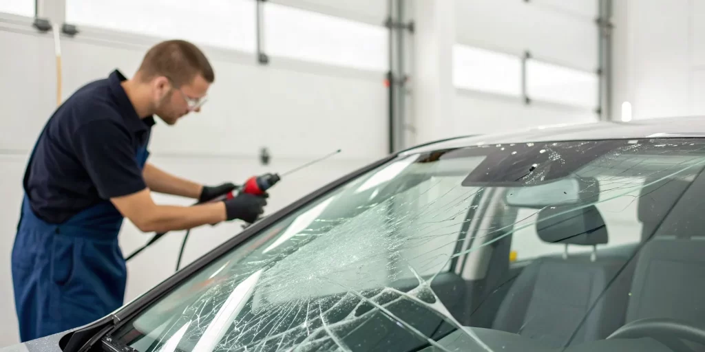 Emergency auto glass repair for a damaged windshield.