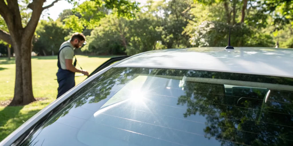 Technician replacing a car's back window.