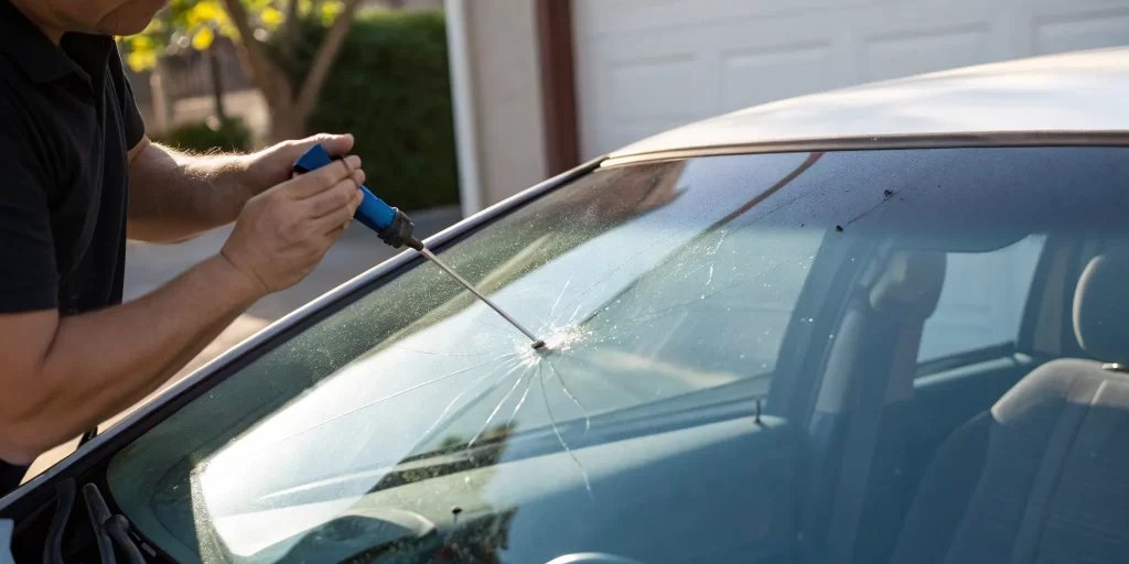 Fixing a small windshield crack with a DIY kit.