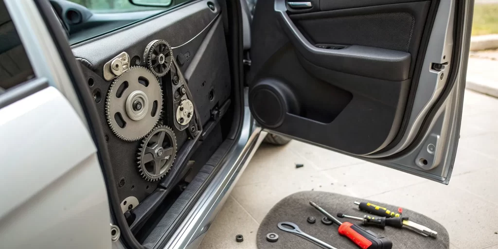 Power window motor and gears during replacement.