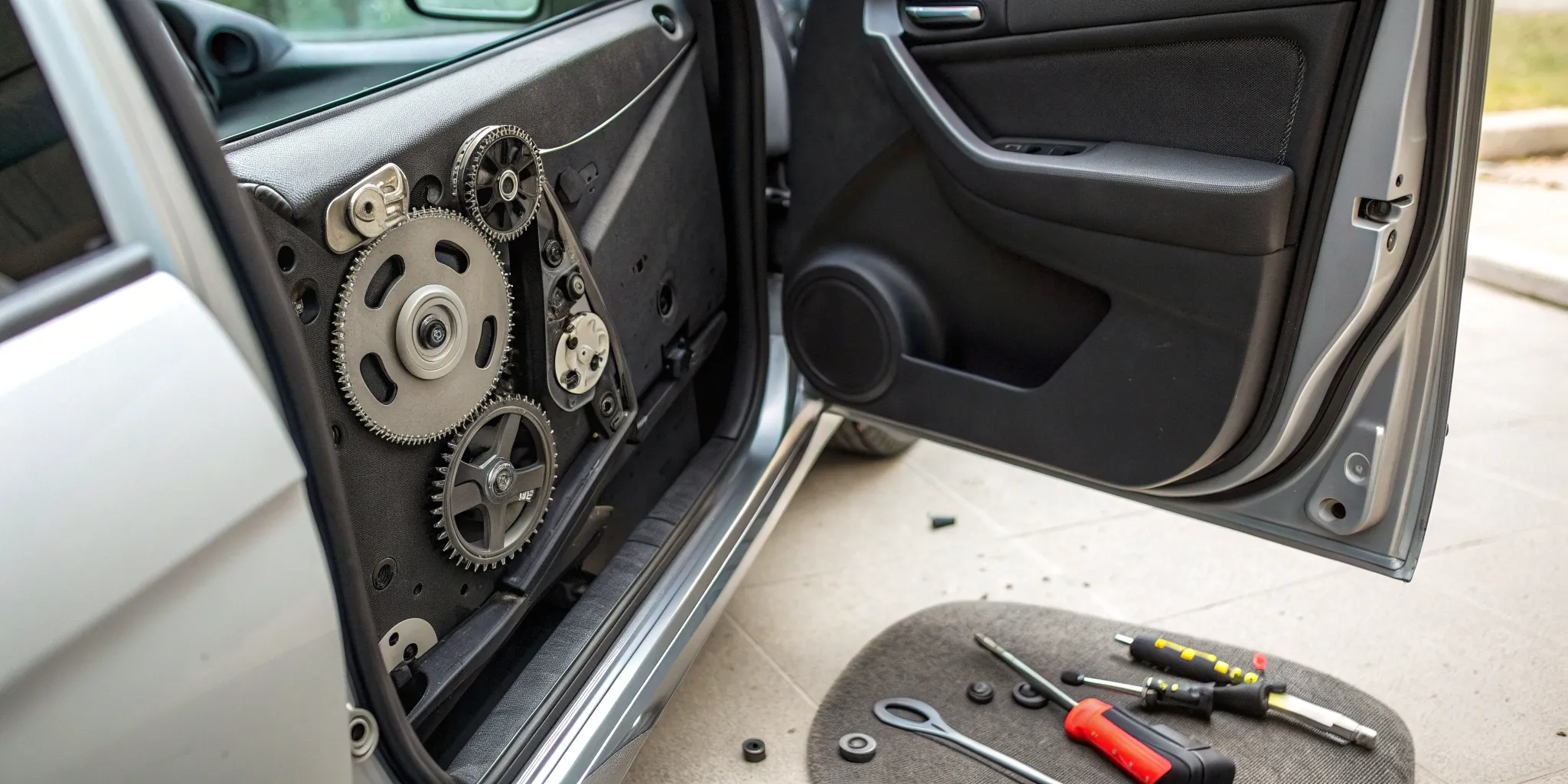 Power window motor and gears during replacement.