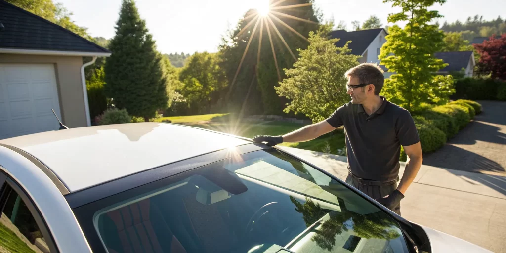 Checking sunroof glass for damage.