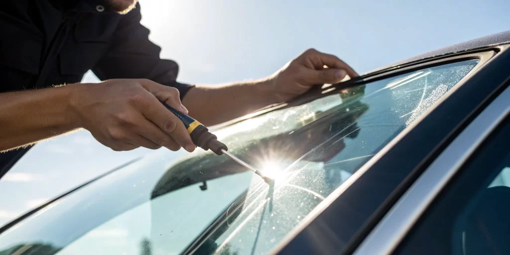 Windshield chip repair tool on cracked car glass.