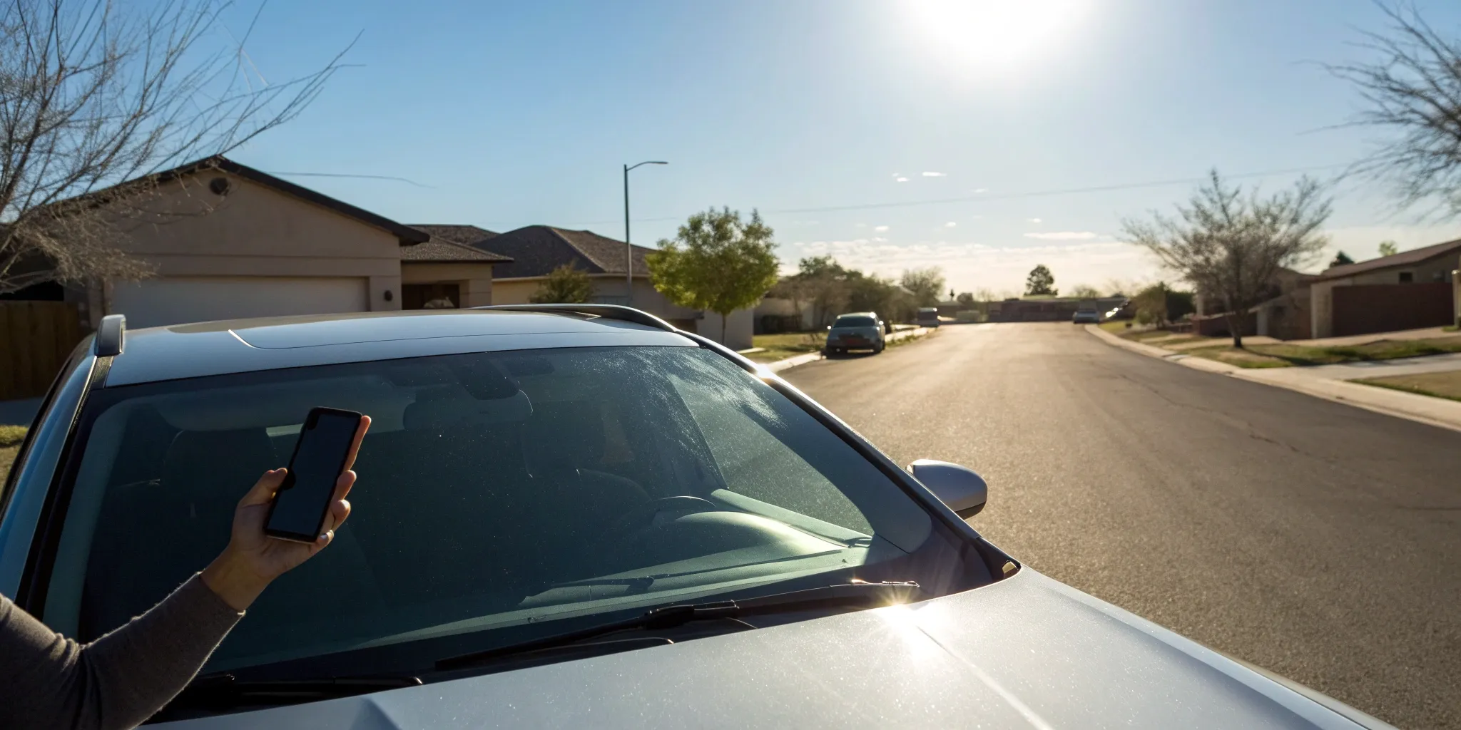 A person filing an auto glass insurance claim on their phone for a cracked windshield.