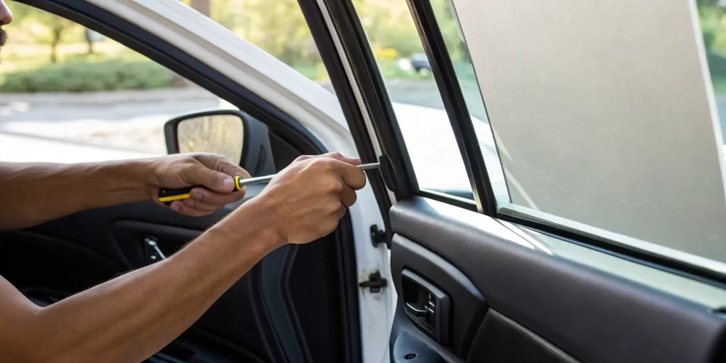 A person uses a screwdriver for a DIY car window off track repair.