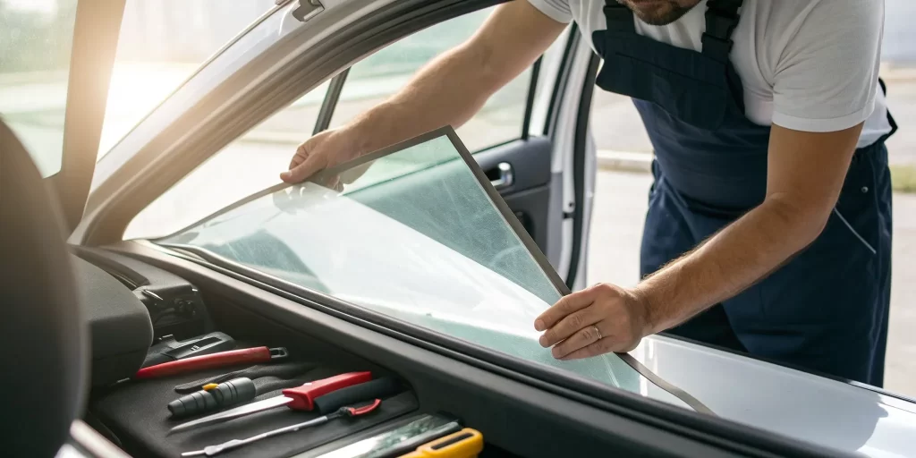 A professional uses tools on a car window to estimate the repair cost.