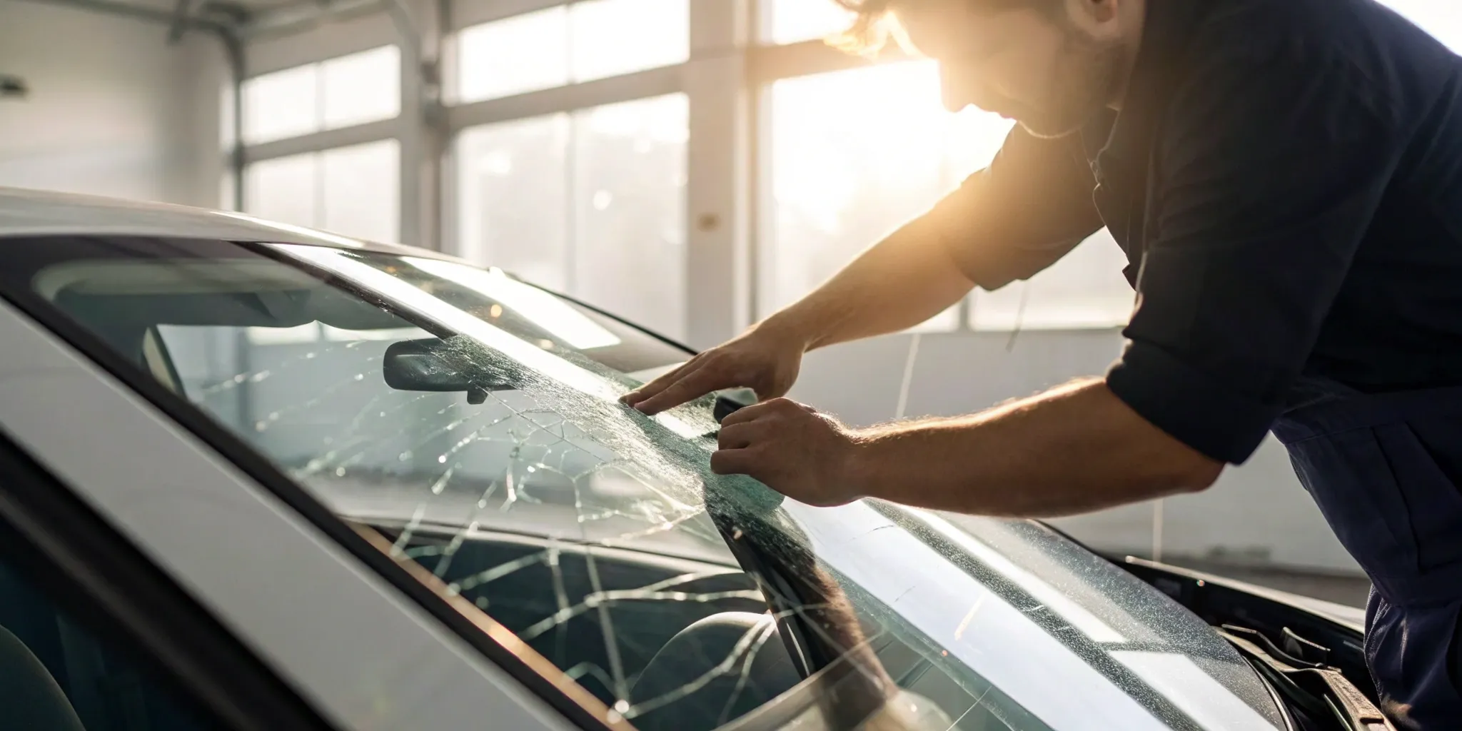 Auto glass technician performing a cracked windshield repair.