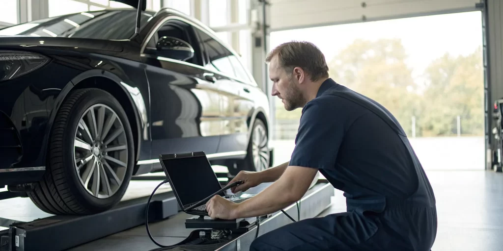 Technician performing the ADAS calibration process on a car with diagnostic equipment.