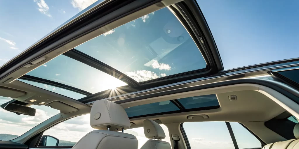A modern car's panoramic sunroof, a luxury feature with a high replacement cost.