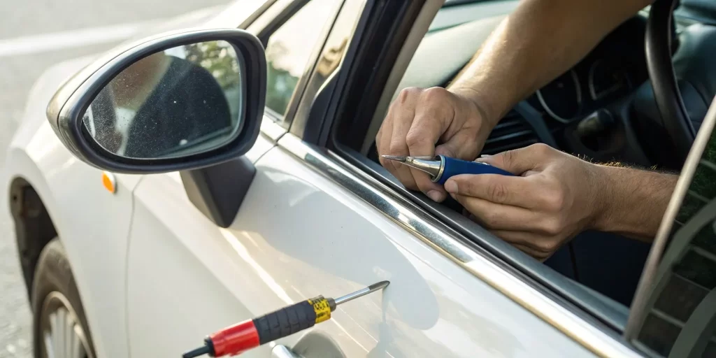 A person carefully performs a DIY car mirror glass repair with a tool.