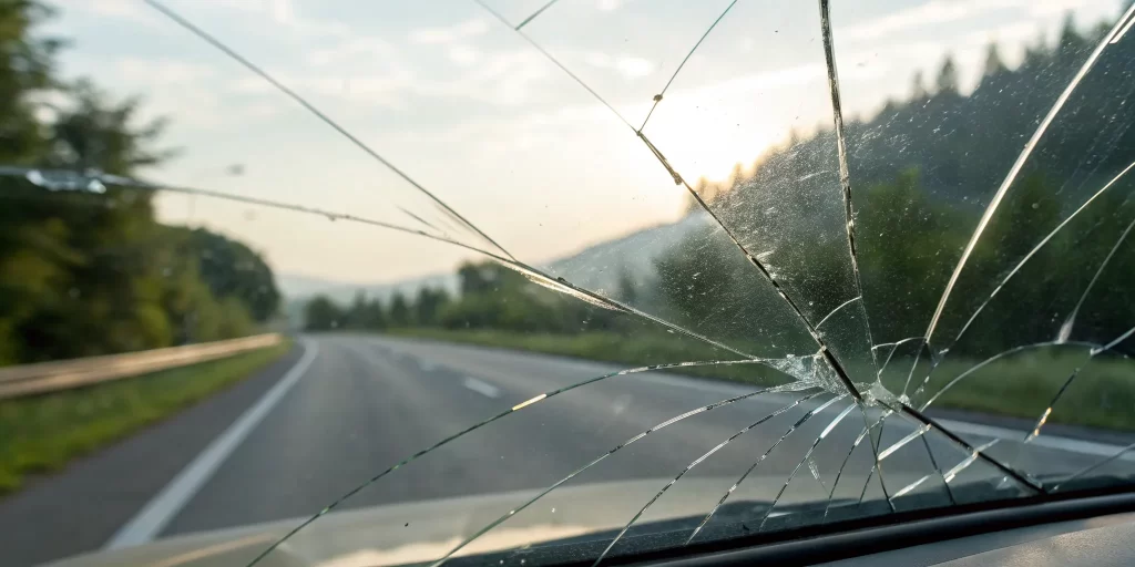 A cracked car windshield viewed from inside, a key factor in how much it costs to replace.