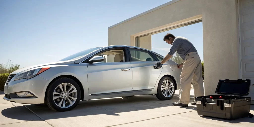 Man performing a DIY Hyundai Sonata power window repair.