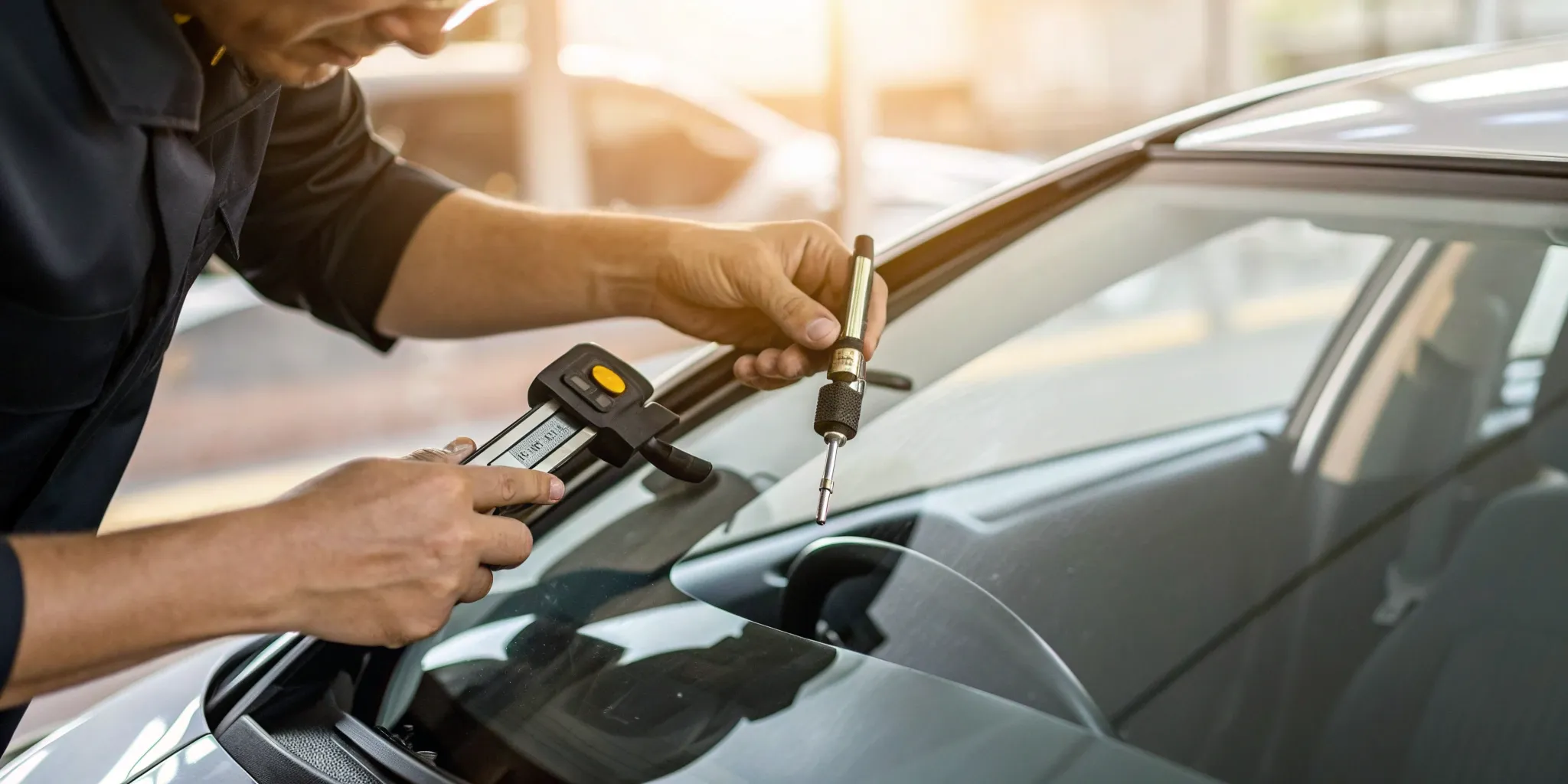 Technician calibrating a Toyota windshield with specialized tools for ADAS safety.