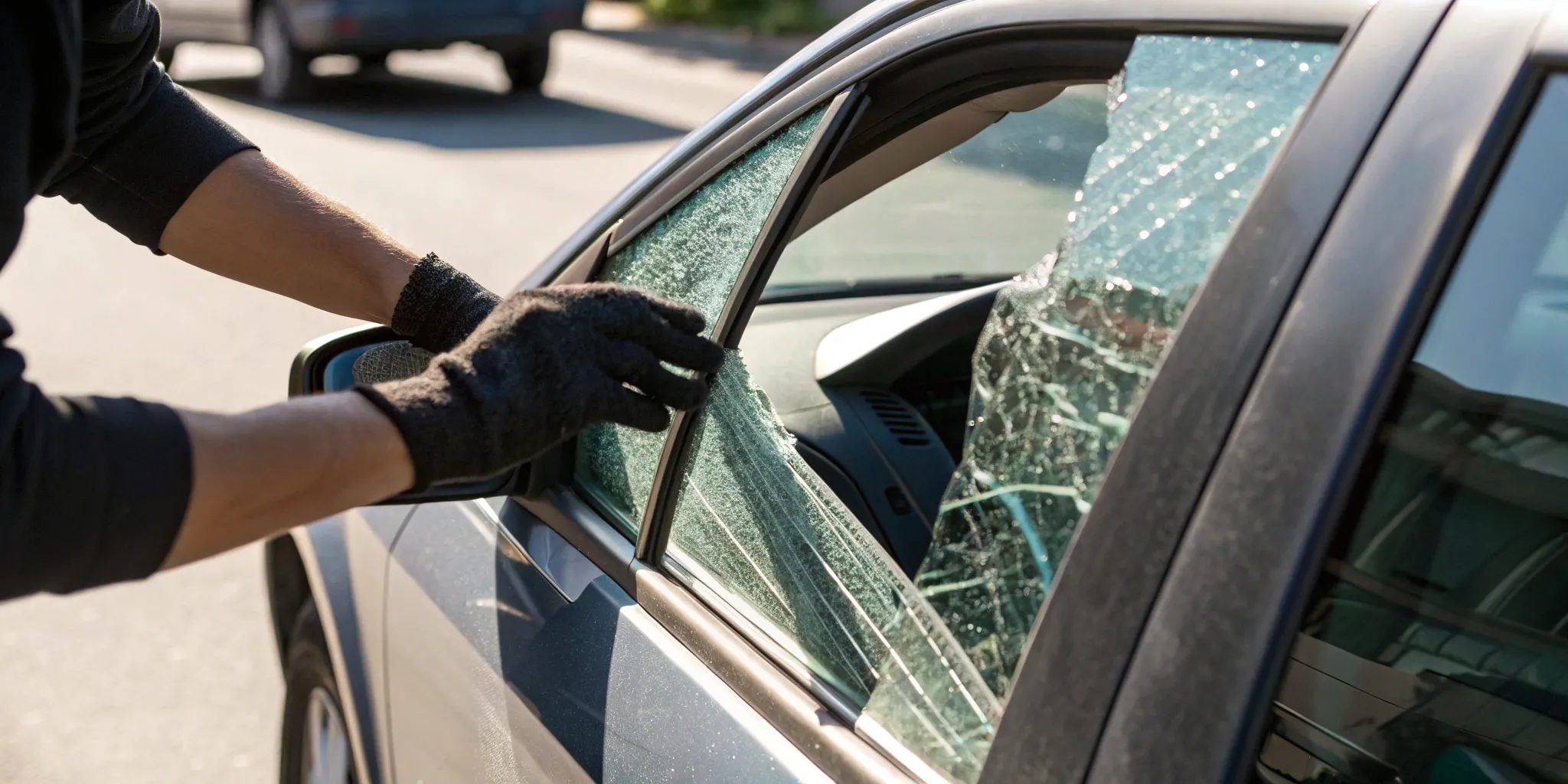 Technician cleaning shattered glass from a car door for an emergency window replacement.
